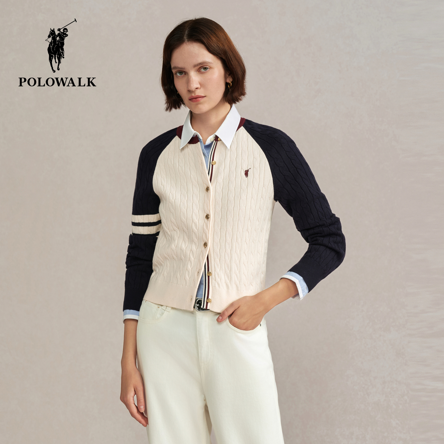 POLOWALK女式长袖针织衫2025秋季新品撞色提花显瘦圆领针织开衫女