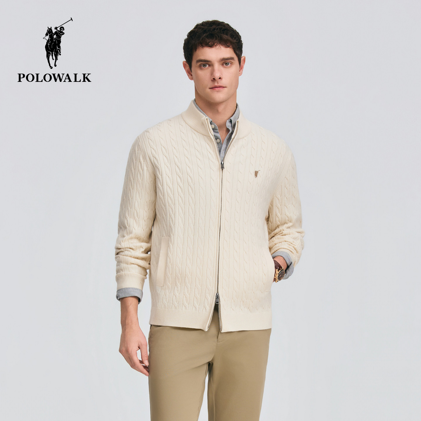 POLOWALK男式针织衫2026春季新品百搭显瘦绞花半高领男装针织开衫,男装,针织衫/毛衣,淘宝优惠券,粉丝福利购,淘宝优惠卷