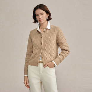 【特惠】POLOWALK女士100%绵羊毛针织衫秋冬款绞花开衫内搭上衣