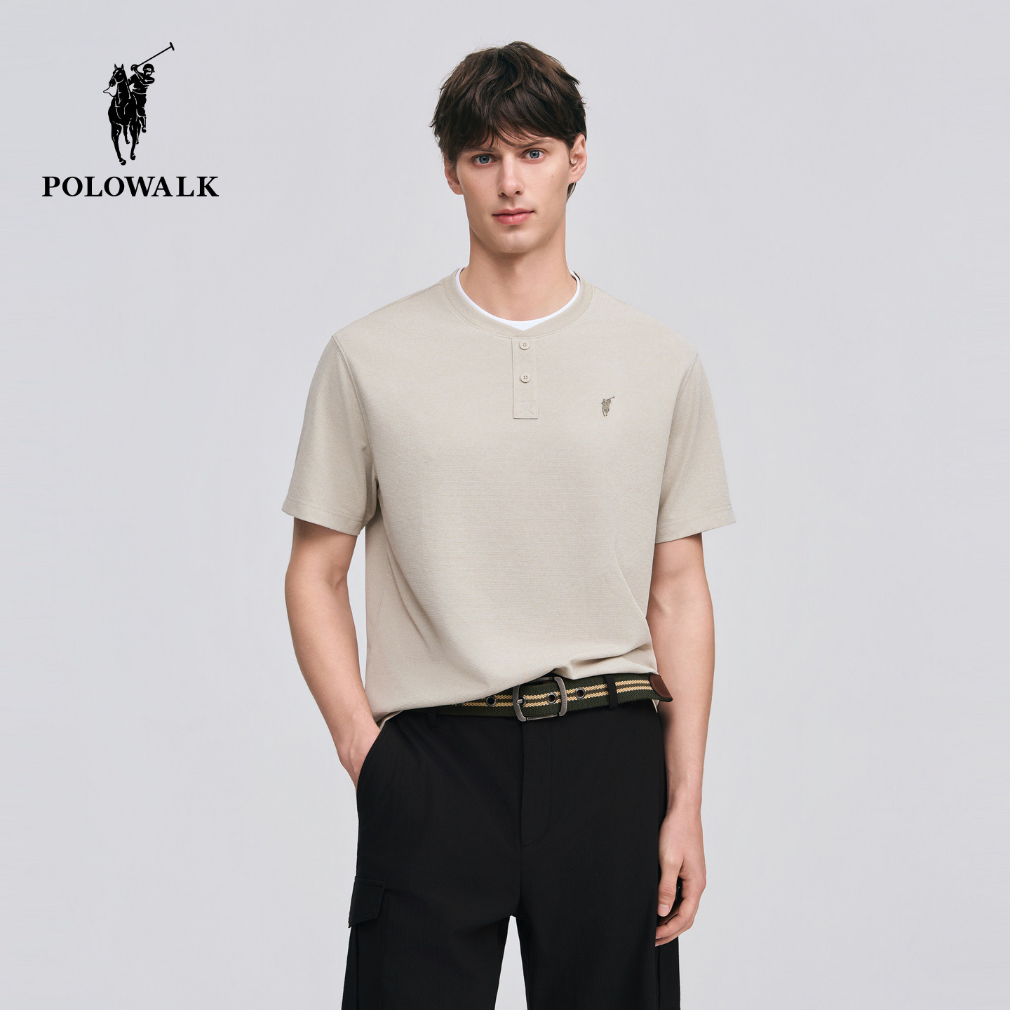 POLOWALK男式短袖圆领T恤2026夏季新品男装时尚假两件宽松显瘦T恤