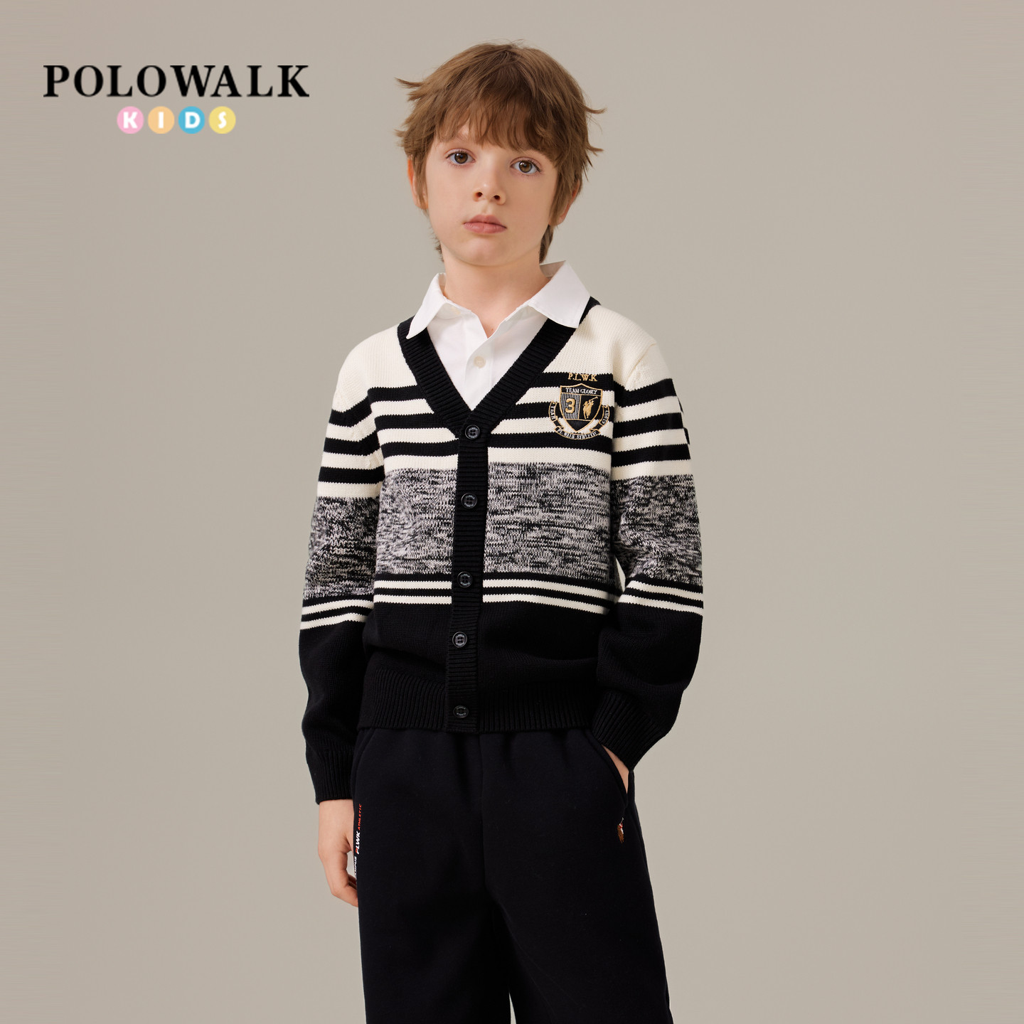 POLOWALK童装男童针织衫秋季时尚衬衫领男童打底针织开衫