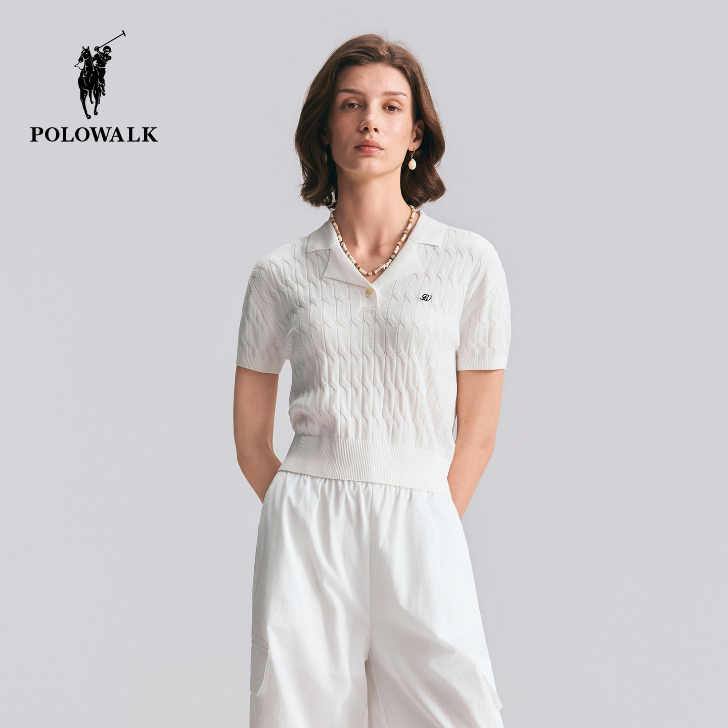 [特惠]POLOWALK女式短袖针织衫时尚百搭显瘦翻领绞花针织衫