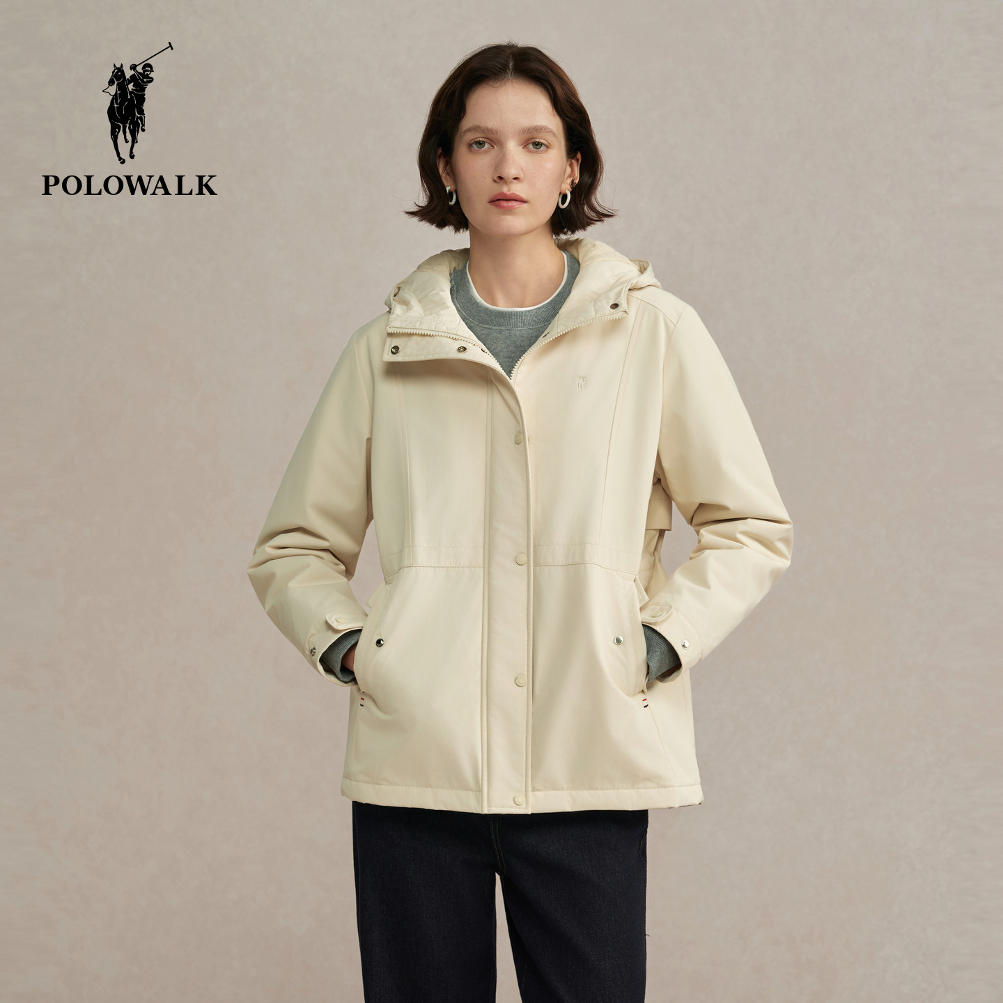 POLOWALK女式外套2025冬季新品女装休闲百搭连帽立领收腰显瘦外套