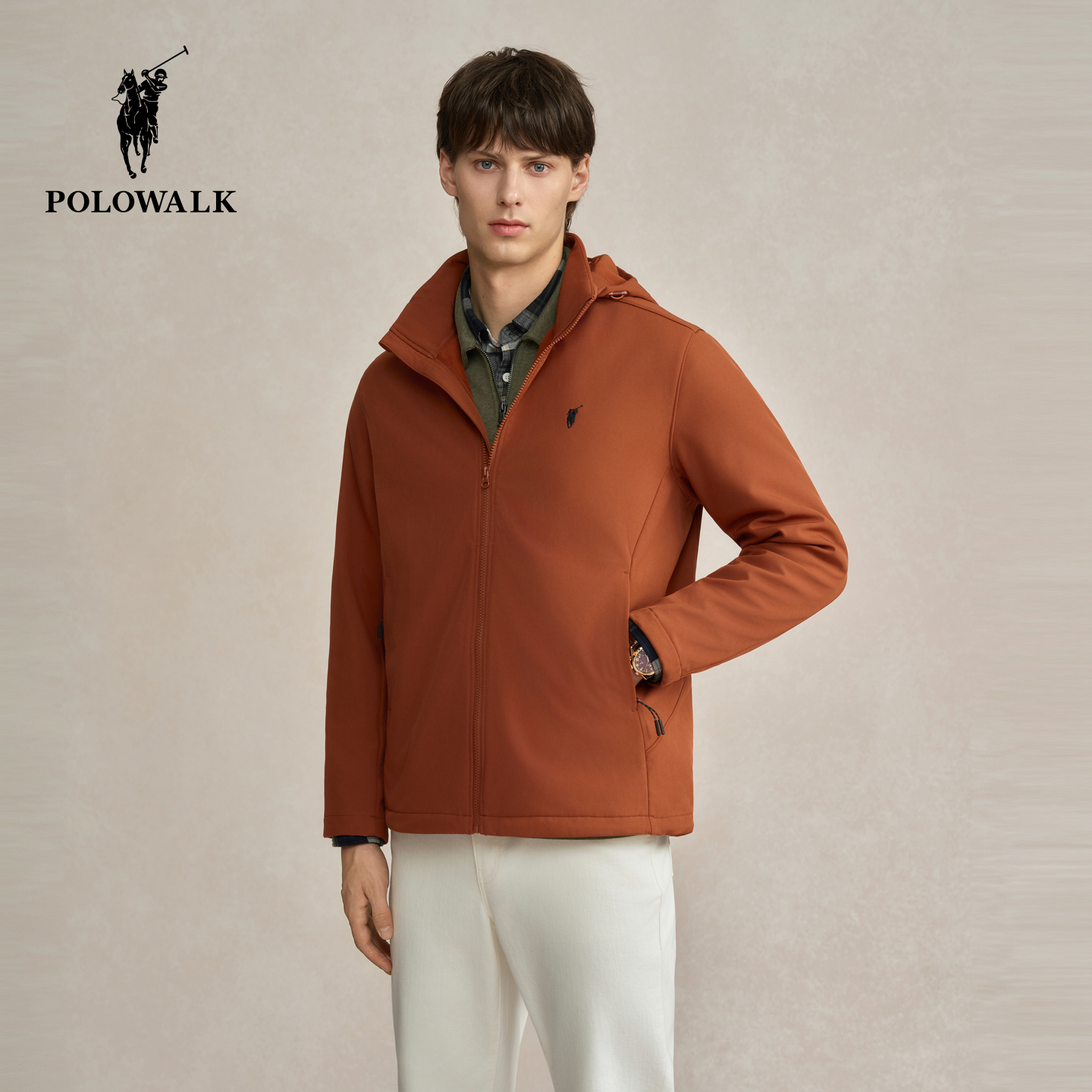 POLOWALK男式夹克2025秋冬新品商务通勤简约连帽加绒保暖外套男