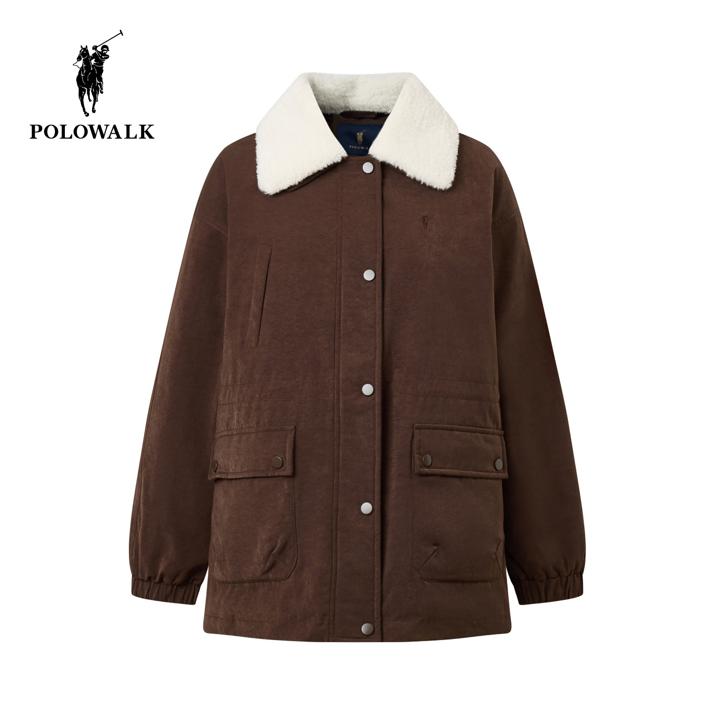 POLOWALK女式羽绒服2026冬季新品复古毛绒翻领收腰抽绳羽绒外套