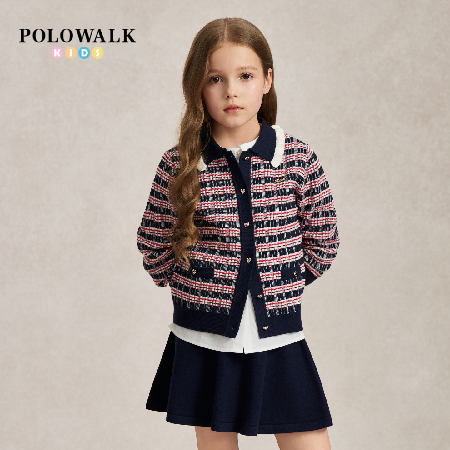 POLOWALK女童针织套装秋季新品撞色提花小香风翻领针织裙两件套