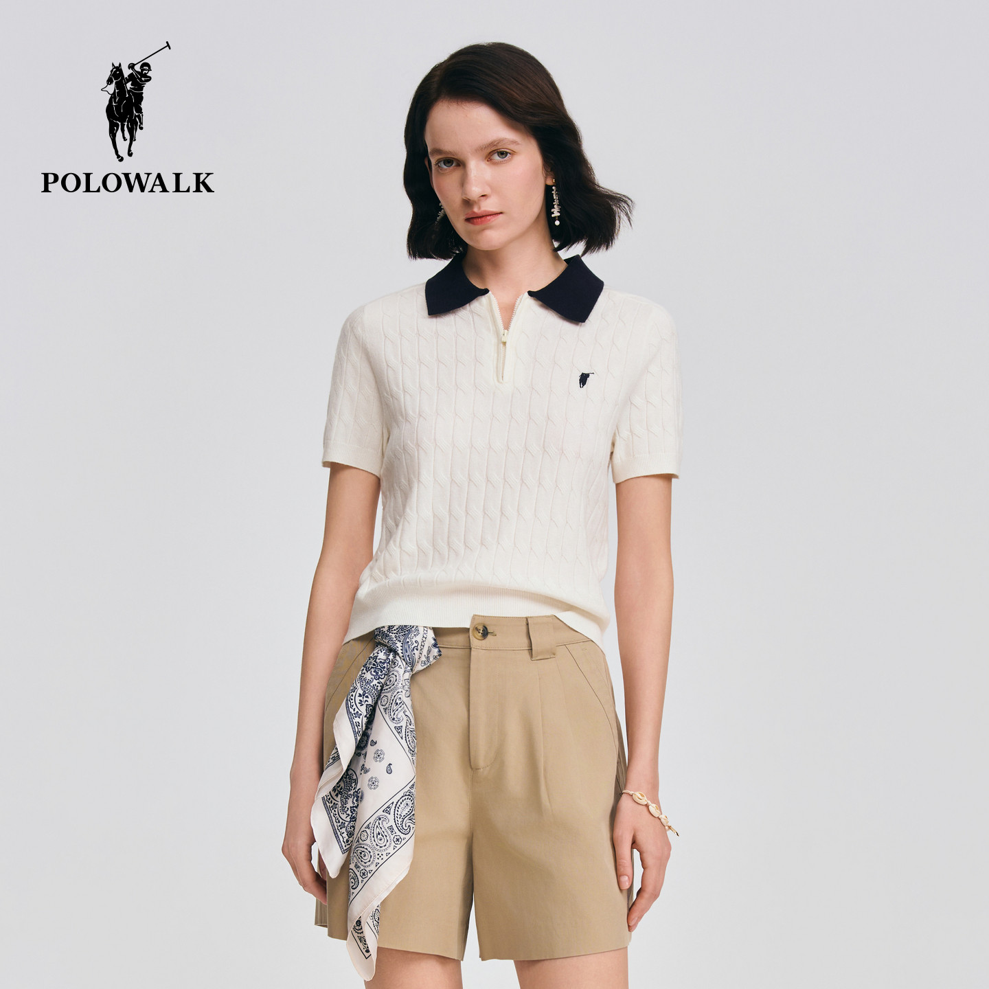 POLOWALK半拉链绞花短袖针织衫图片