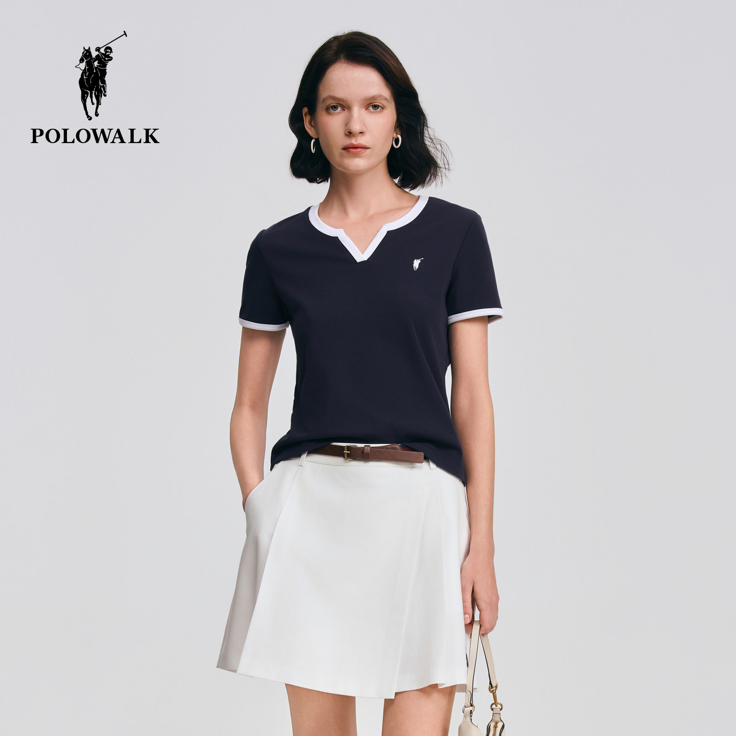 POLOWALK女式短袖2026夏季新品女装撞色圆V领显瘦修身休闲短袖T恤