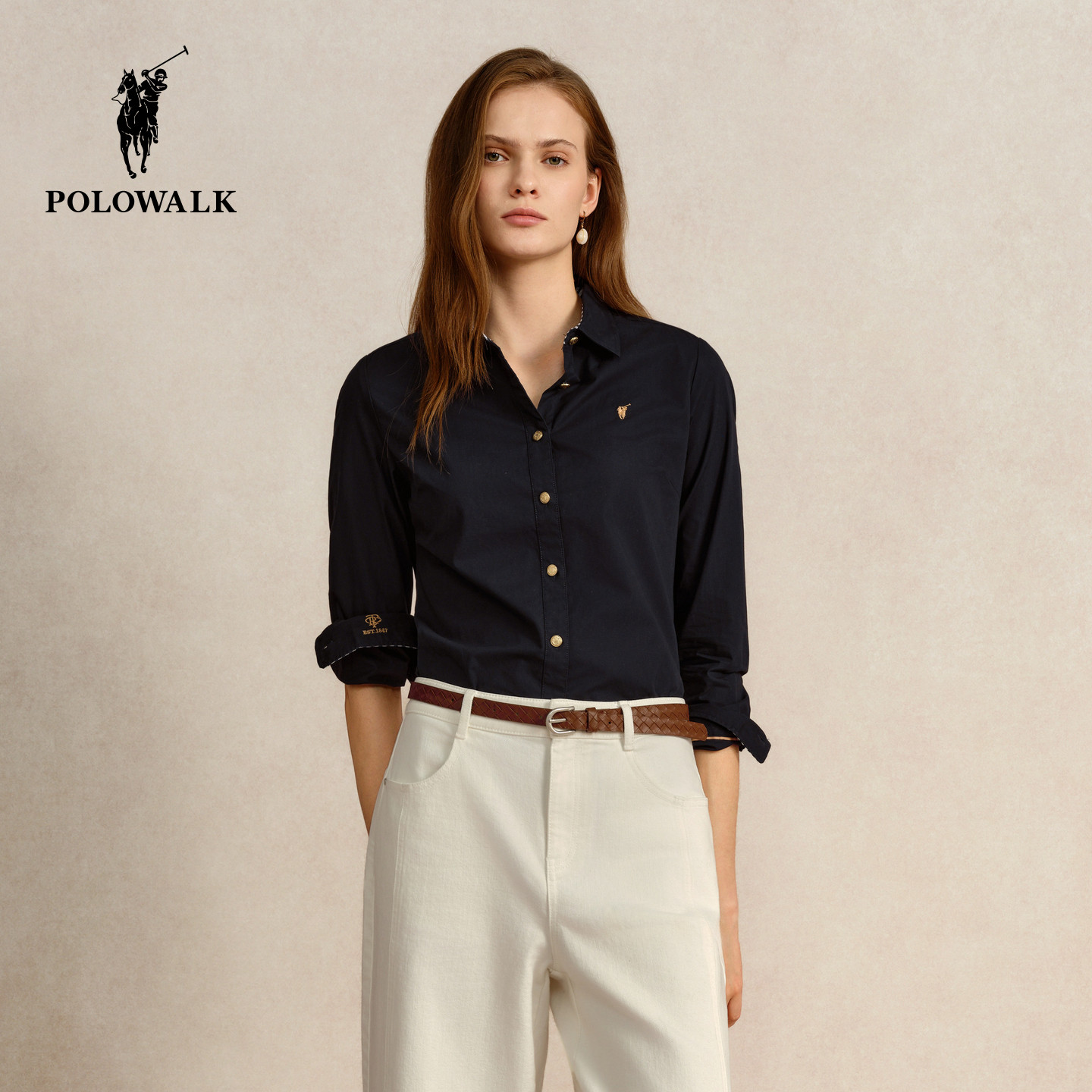 【100%棉】POLOWALK女装2026秋季新品女式长袖翻领修身轻薄衬衣女