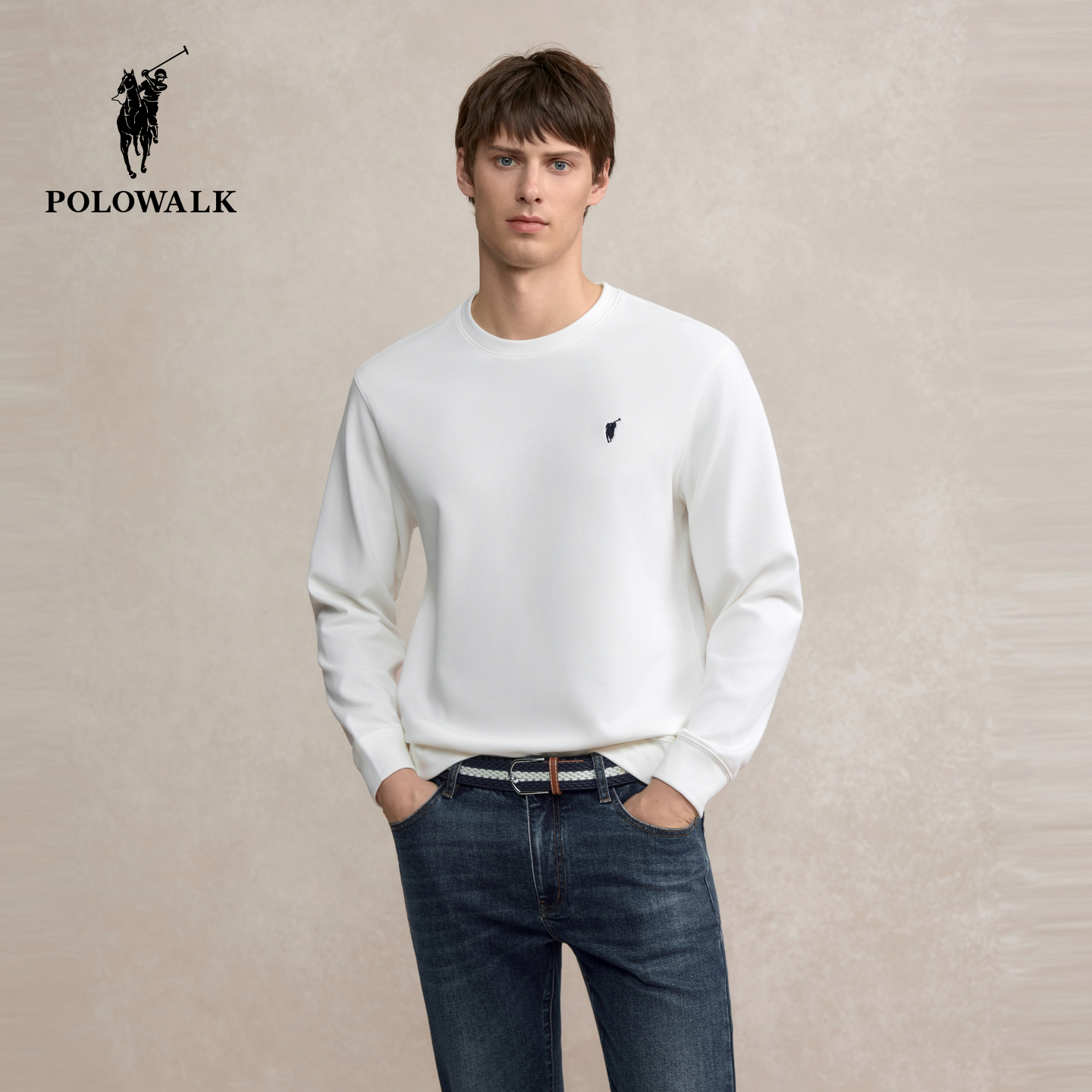 POLOWALK男装长袖T恤2025冬季新品男式简约圆领纯色打底衫上衣