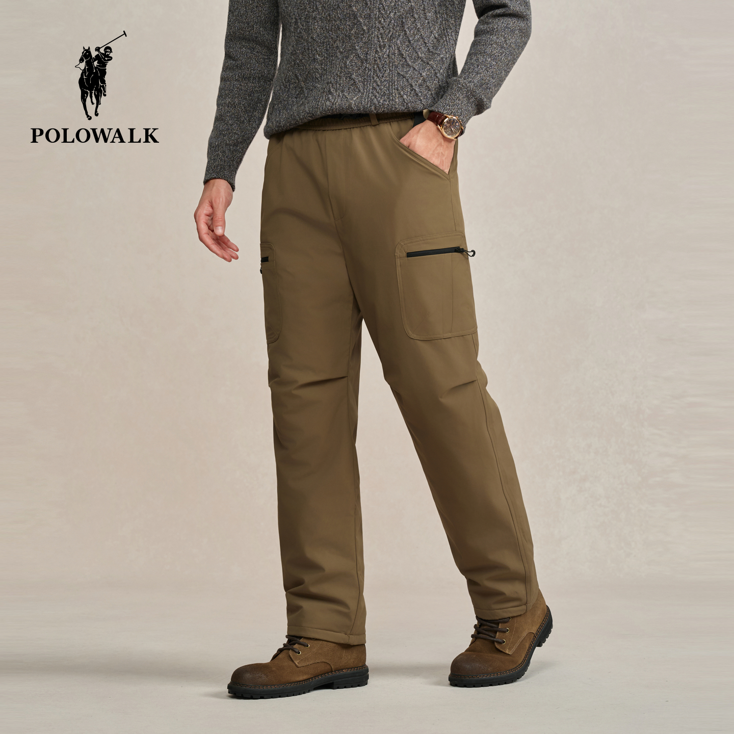 POLOWALK男式90鹅绒休闲裤2025秋冬裤松紧腰直筒保暖羽绒长裤子男