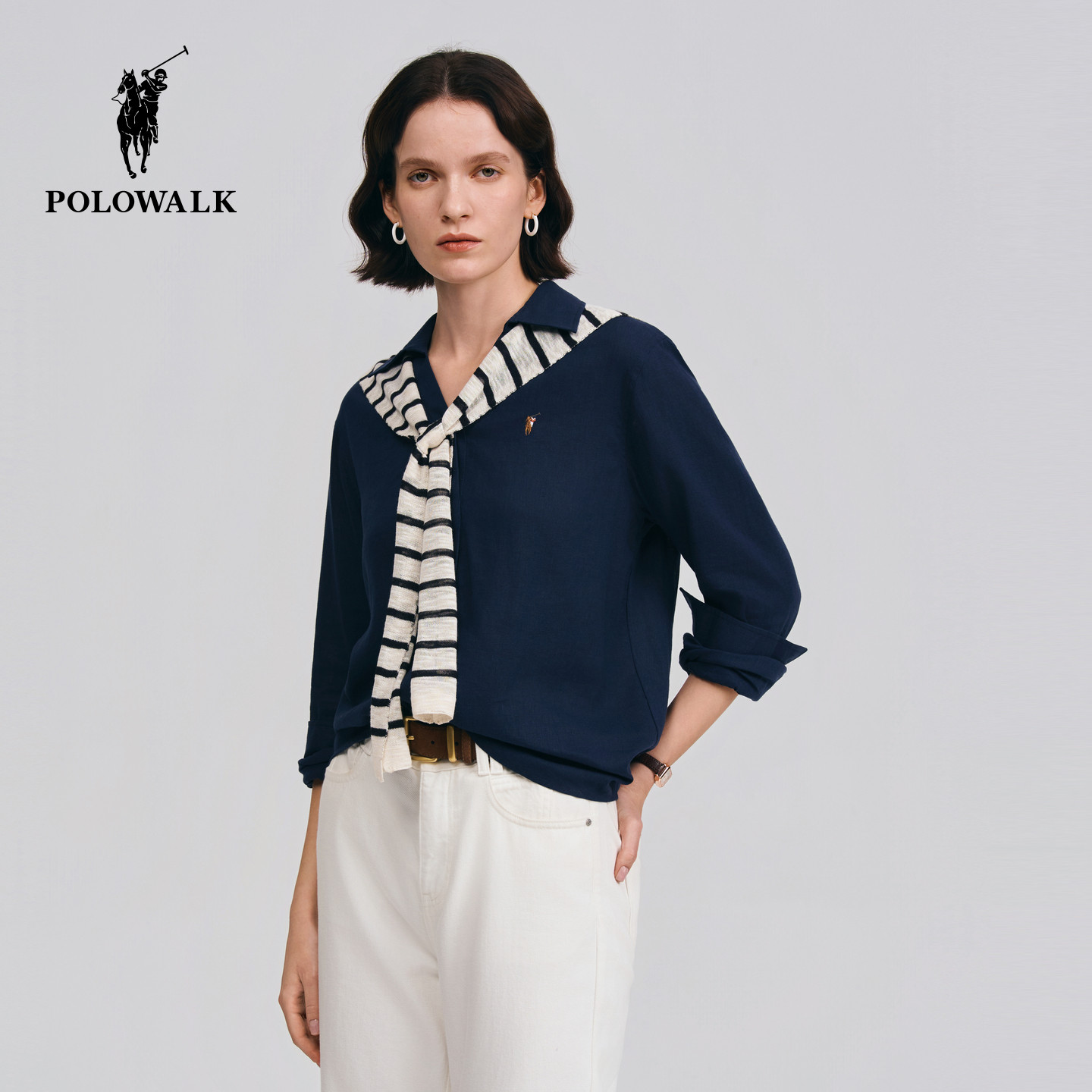 POLOWALK女式长袖衬衫2026春季新品慵懒风条纹披肩翻领休闲衬衣