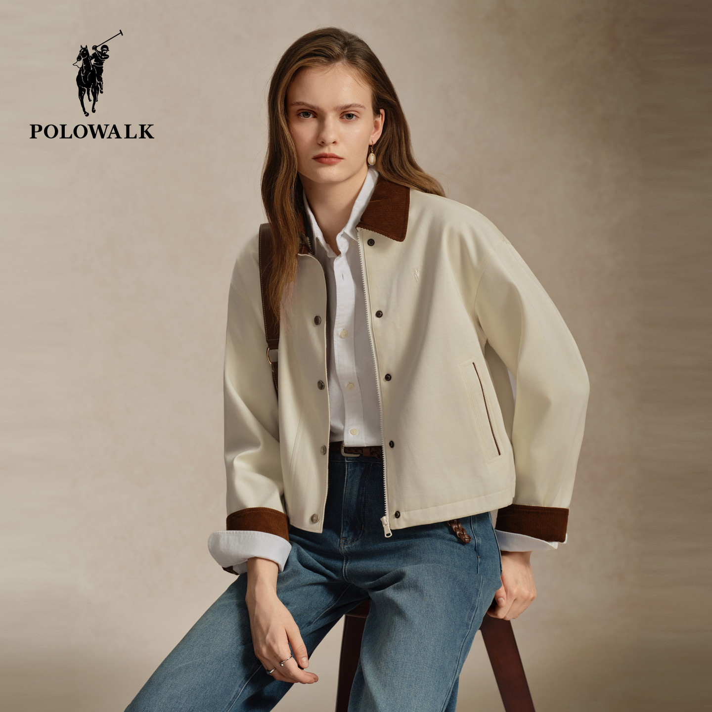 POLOWALK女式外套2026秋季新品白色撞色翻领时尚休闲短外套图片