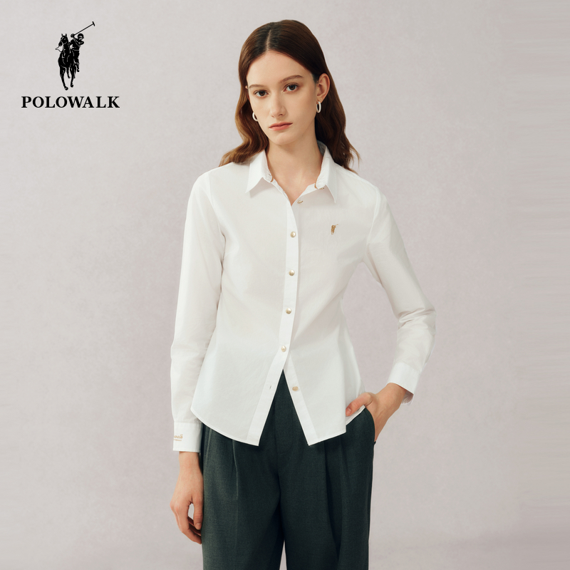 POLOWALK长袖衬衫女式2025春季新款时尚显瘦衬衣白色百搭长袖上衣