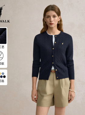 POLOWALK女式长袖针织衫2025秋季新品绞花毛衣内搭圆领开衫上衣