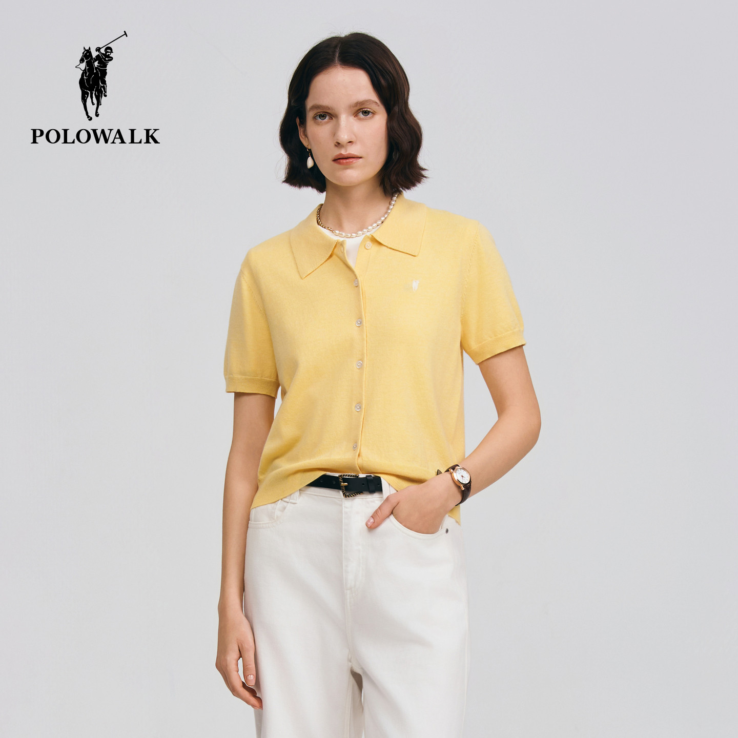POLOWALK女式短袖针织衫2026夏季新品简约翻领修身显瘦短袖针织衫