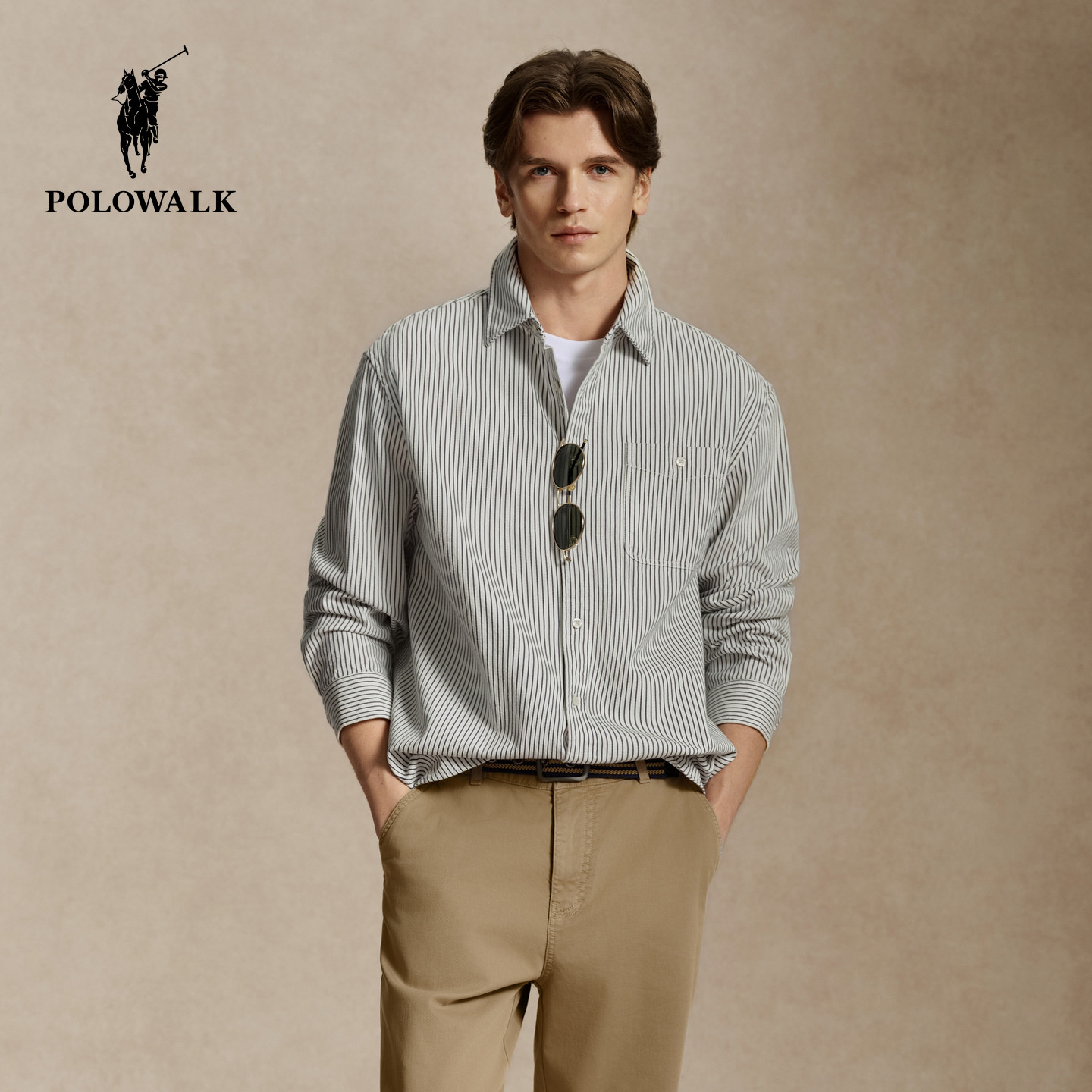 【100%棉】POLOWALK男式长袖衬衫2026秋季新品条纹翻领休闲衬衣