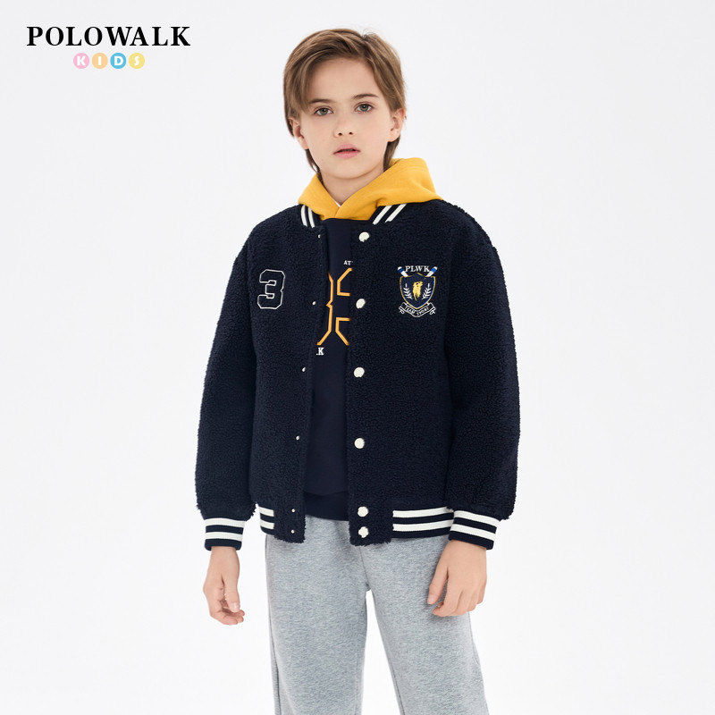 POLOWALK童装儿童休闲棒球服秋冬新款男女童学院风摇粒绒大童外套