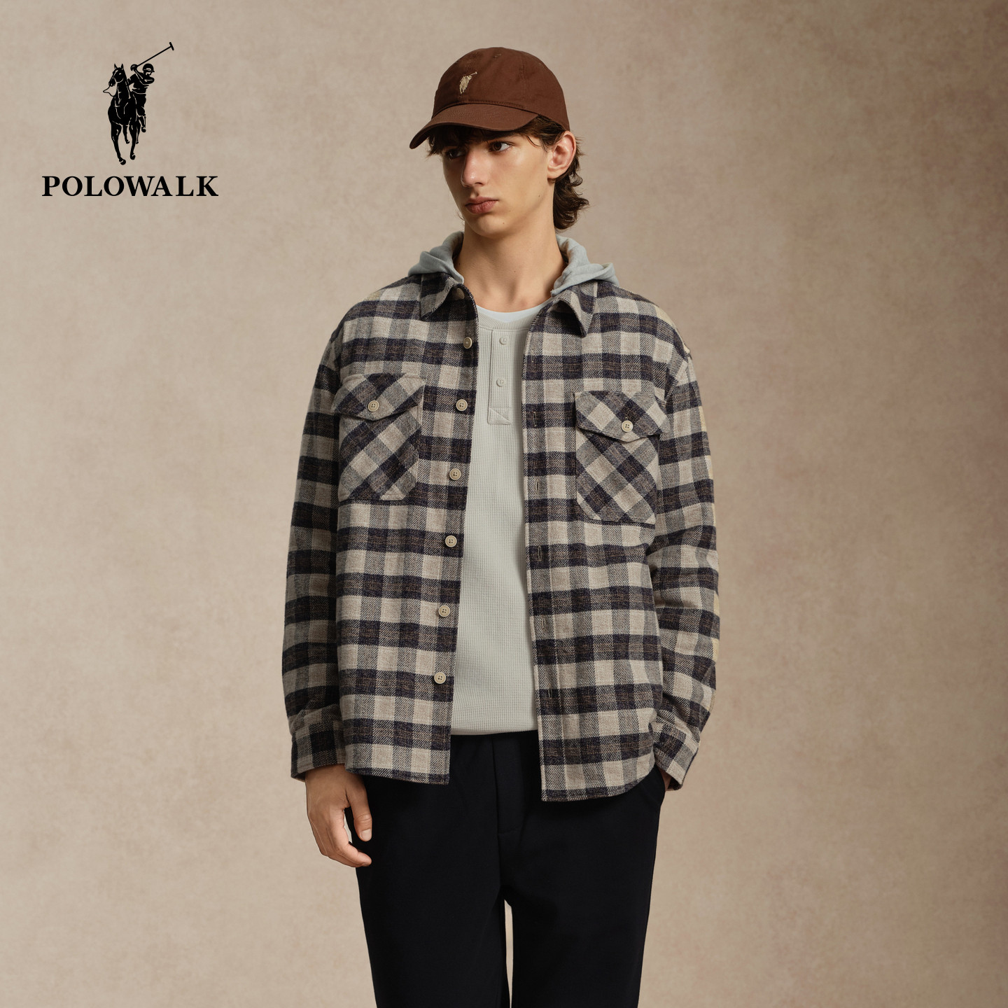 【100%棉】POLOWALK男式外套2026冬季新品连帽撞色方格纹薄棉外套