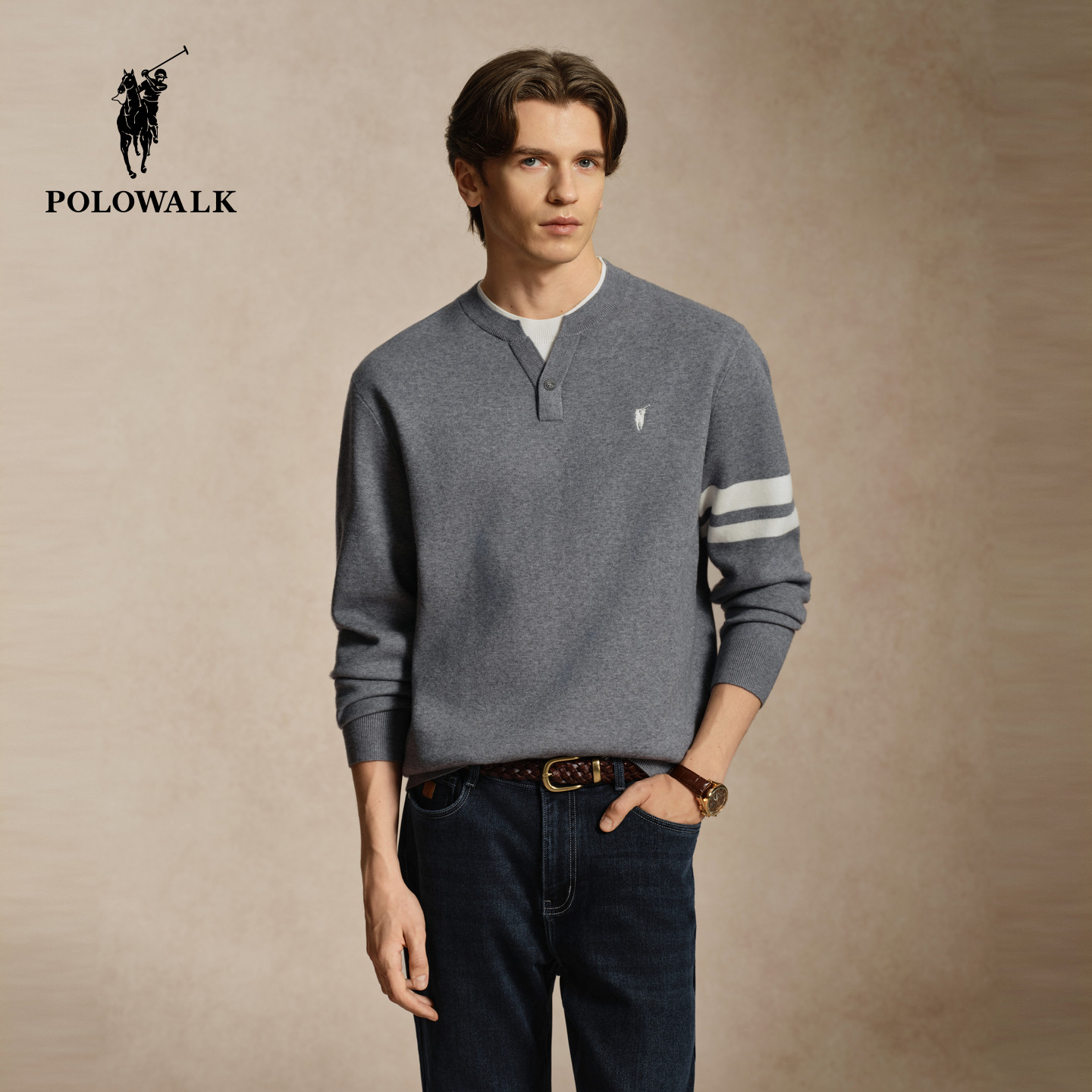POLOWALK男式针织衫2026秋季新品剪刀领假两件套头长袖针织上衣