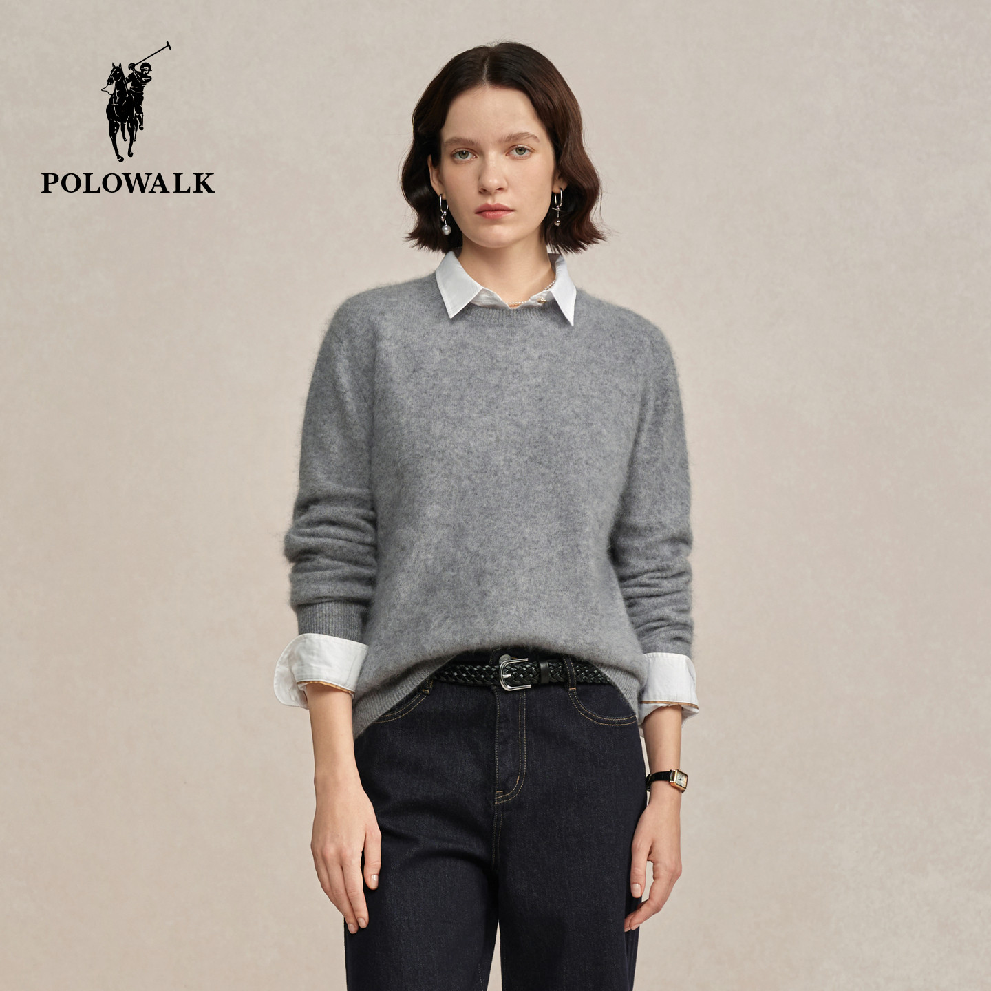 POLOWALK女装女式羊毛衫2025冬季简约百搭圆领套头显瘦羊毛打底衫