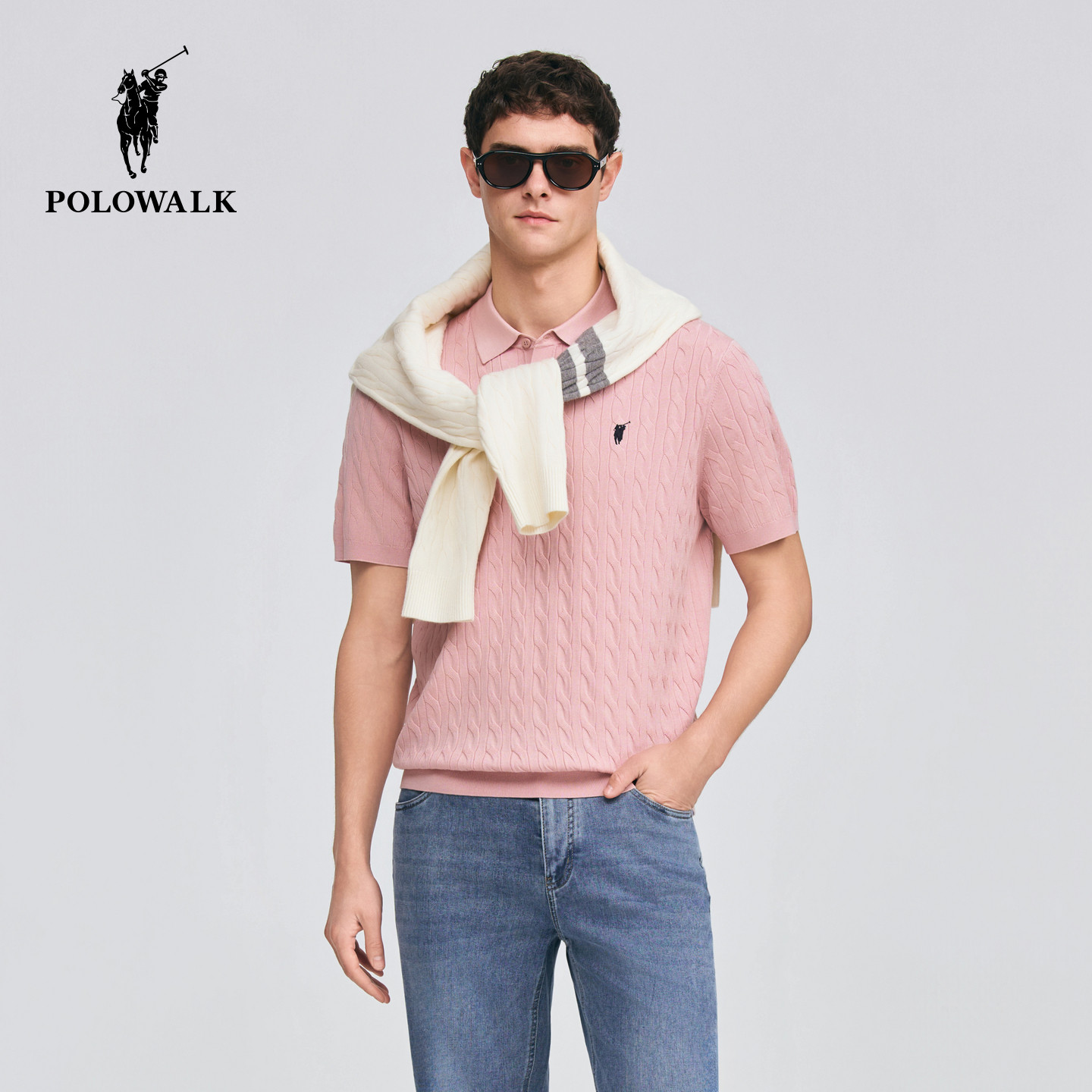 【含桑蚕丝】POLOWALK男式短袖针织衫2026春季新品绞花针织短袖