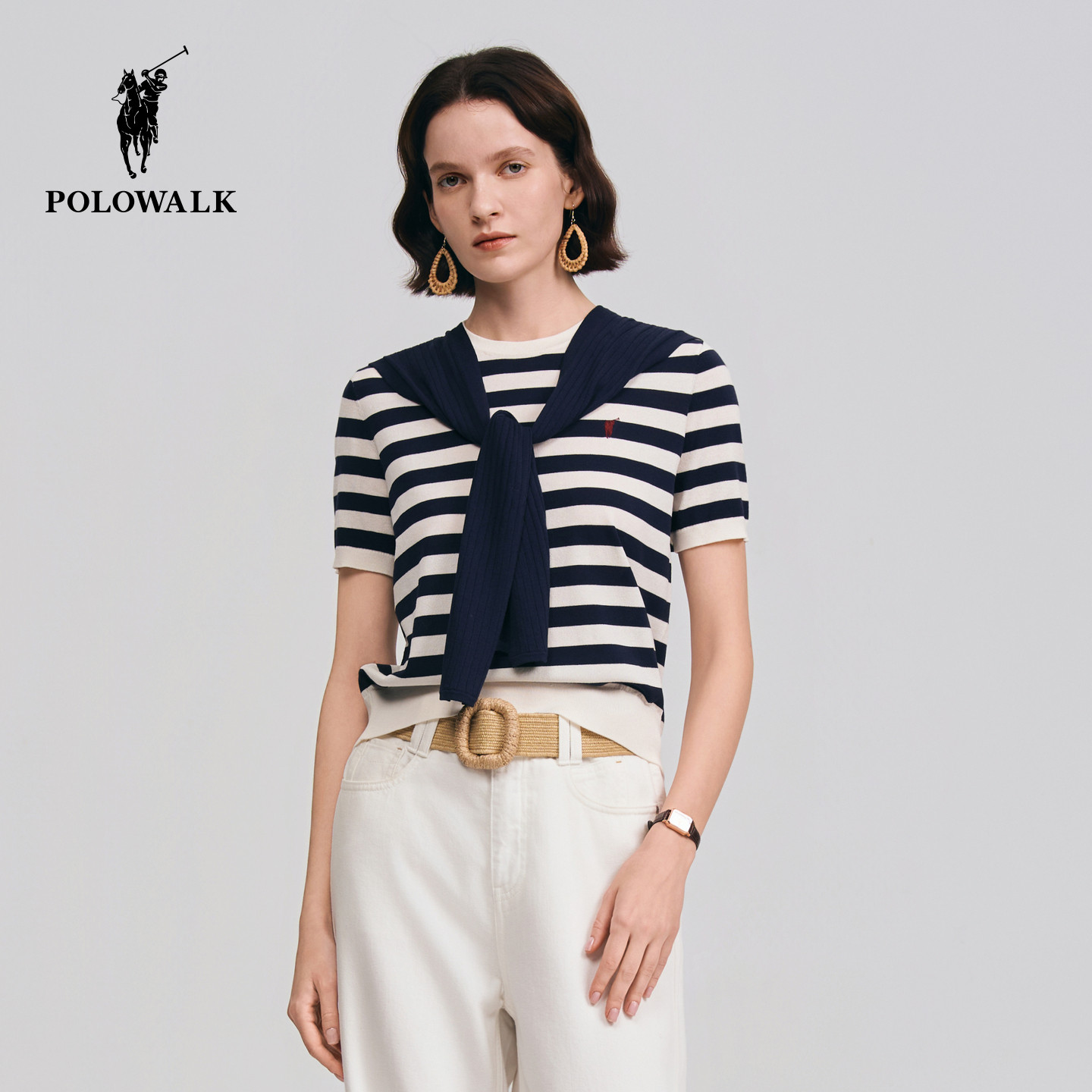 POLOWALK女式短袖针织衫2026夏季新品披肩慵懒风条纹显瘦短袖上衣