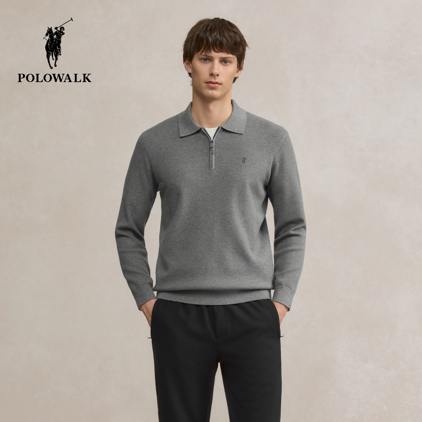 POLOWALK男式针织衫2025秋季新品商务休闲翻领半拉链套头男装上衣
