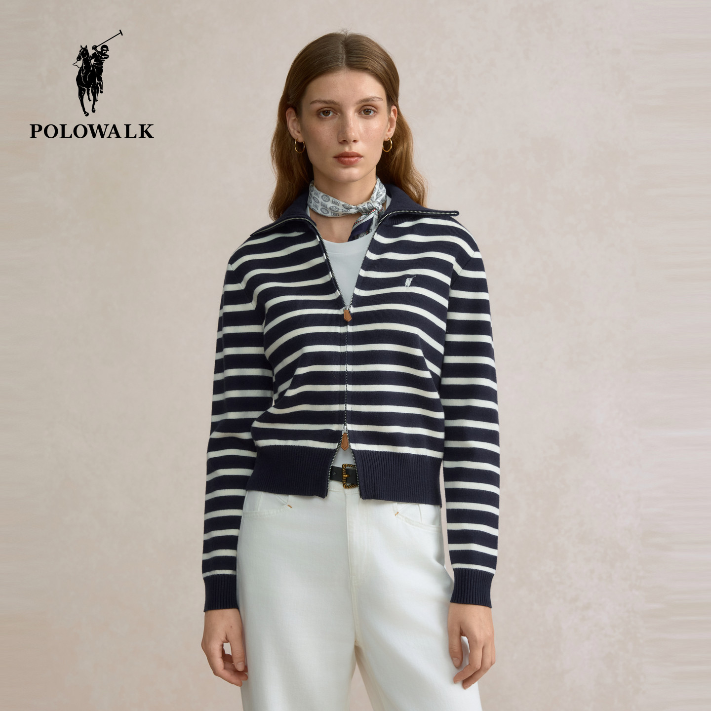 POLOWALK女式长袖针织衫2025秋季新品百搭条纹翻领拉链上