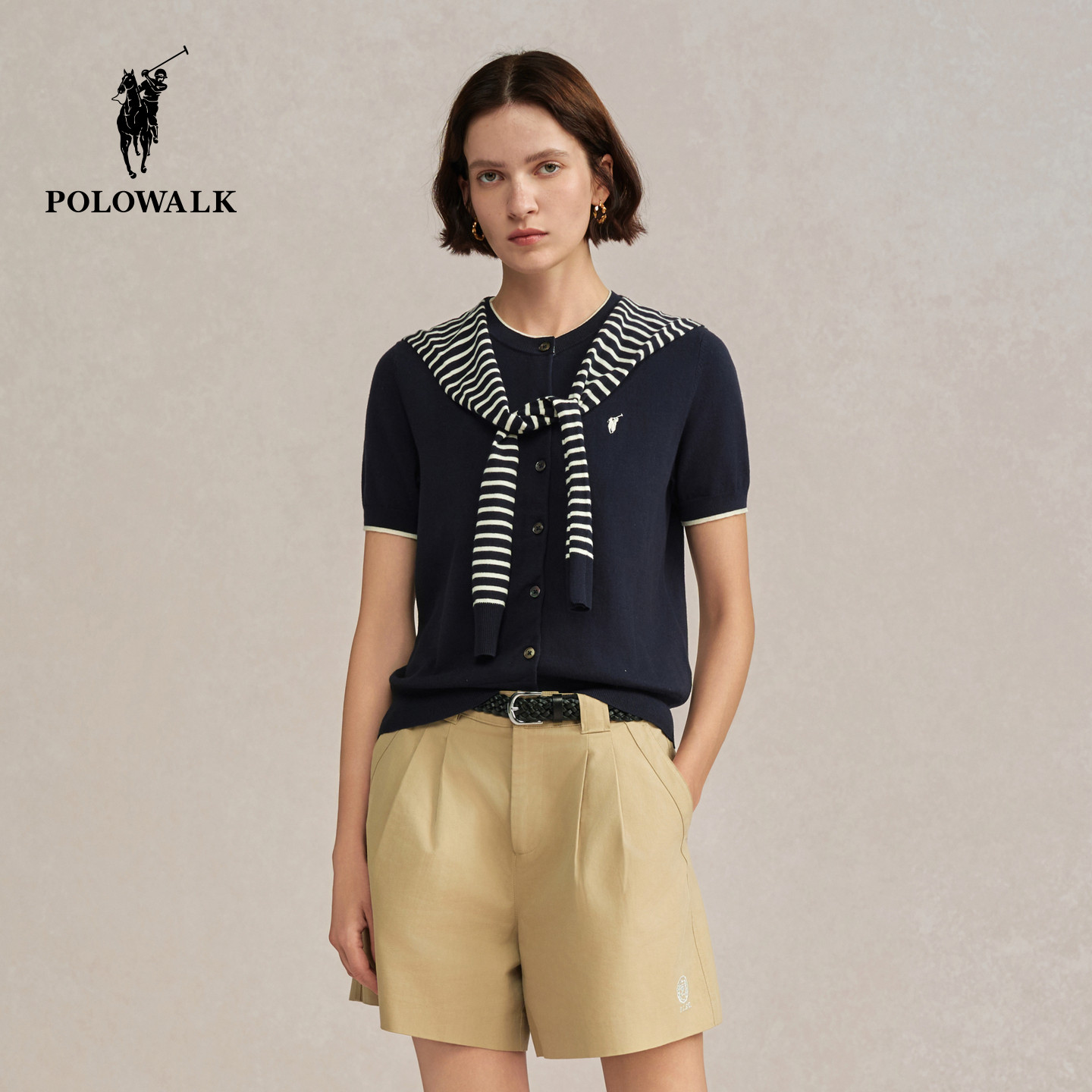 POLOWALK女式短袖针织衫2025秋季新品欧式风披肩圆领显瘦
