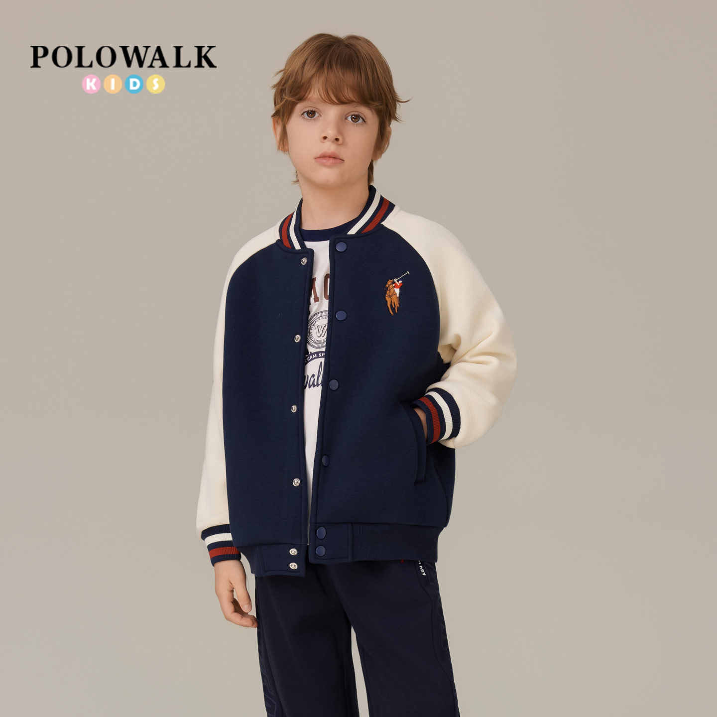 POLOWALK童装男童外套2025秋季新品撞色学院风棒球服男童外套