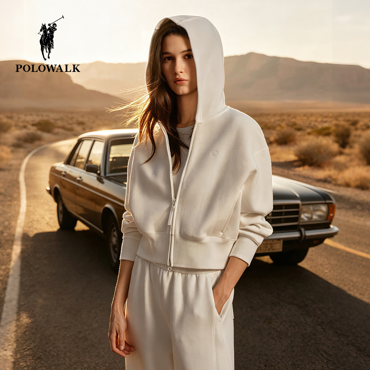 POLOWALK女式卫衣2026秋季新品连帽纯色舒适休闲运动拉链外套套装