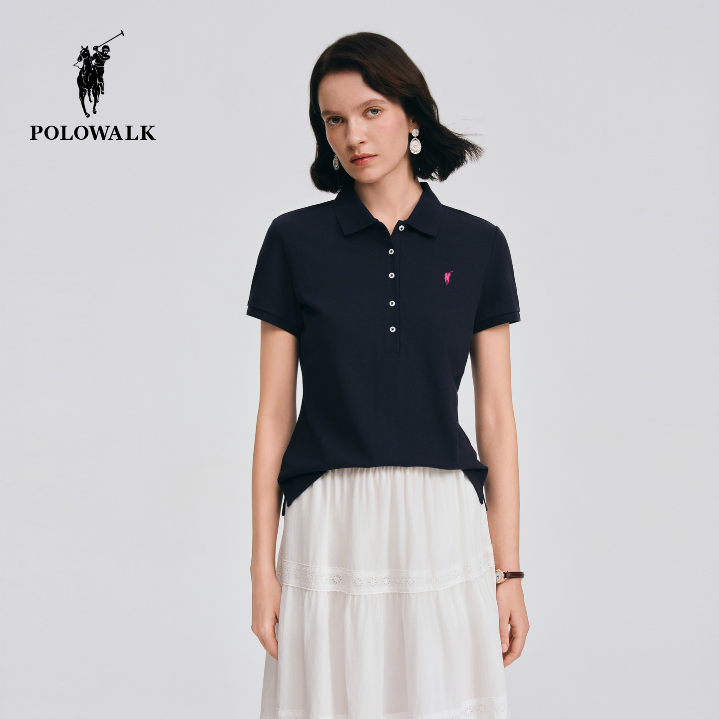 POLOWALK短袖POLO衫女式春夏款商务纯色翻领t恤通勤百搭显瘦上衣