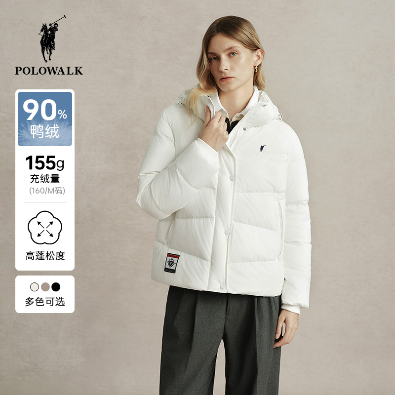 POLOWALK女士立领连帽羽绒服2024冬季新款90绒中长款面包服外套女