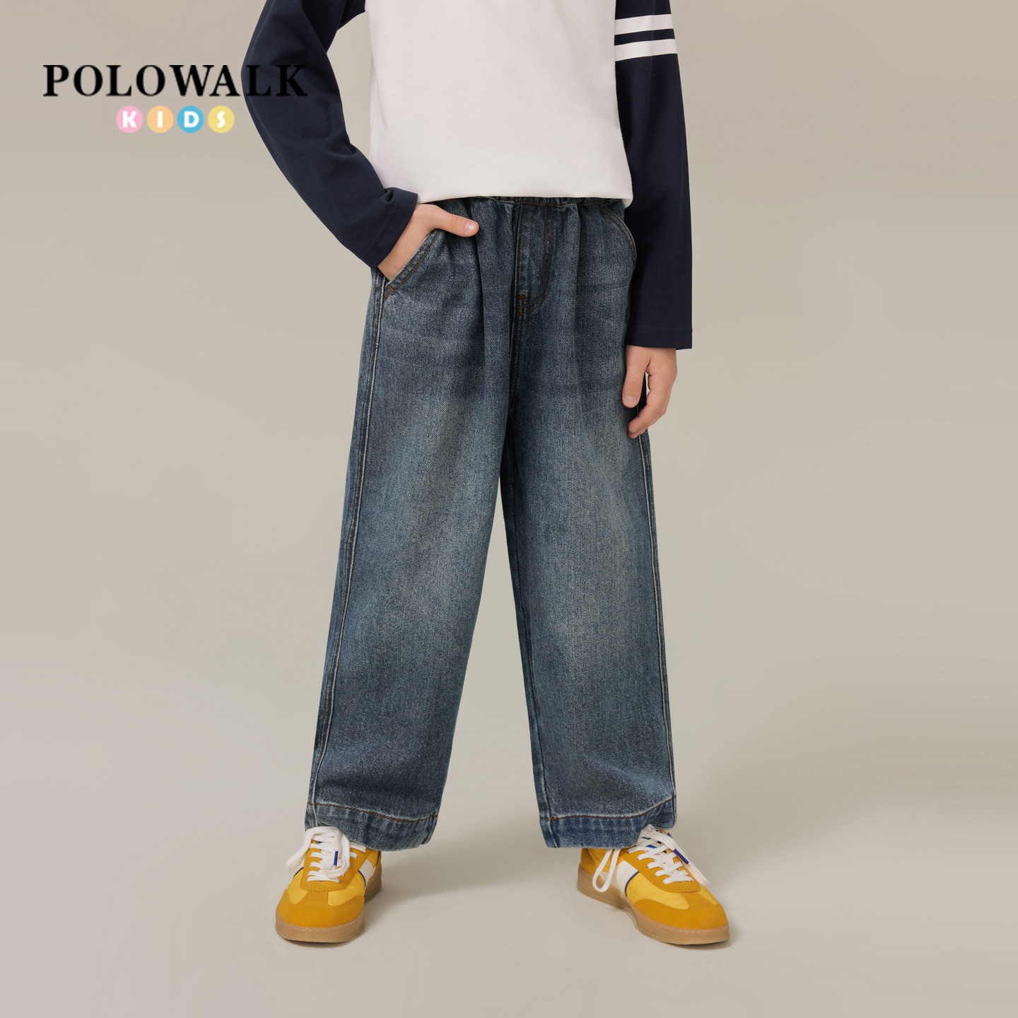 POLOWALK童装男童牛仔裤2026春季新品潮流百搭松紧腰宽松牛仔长裤