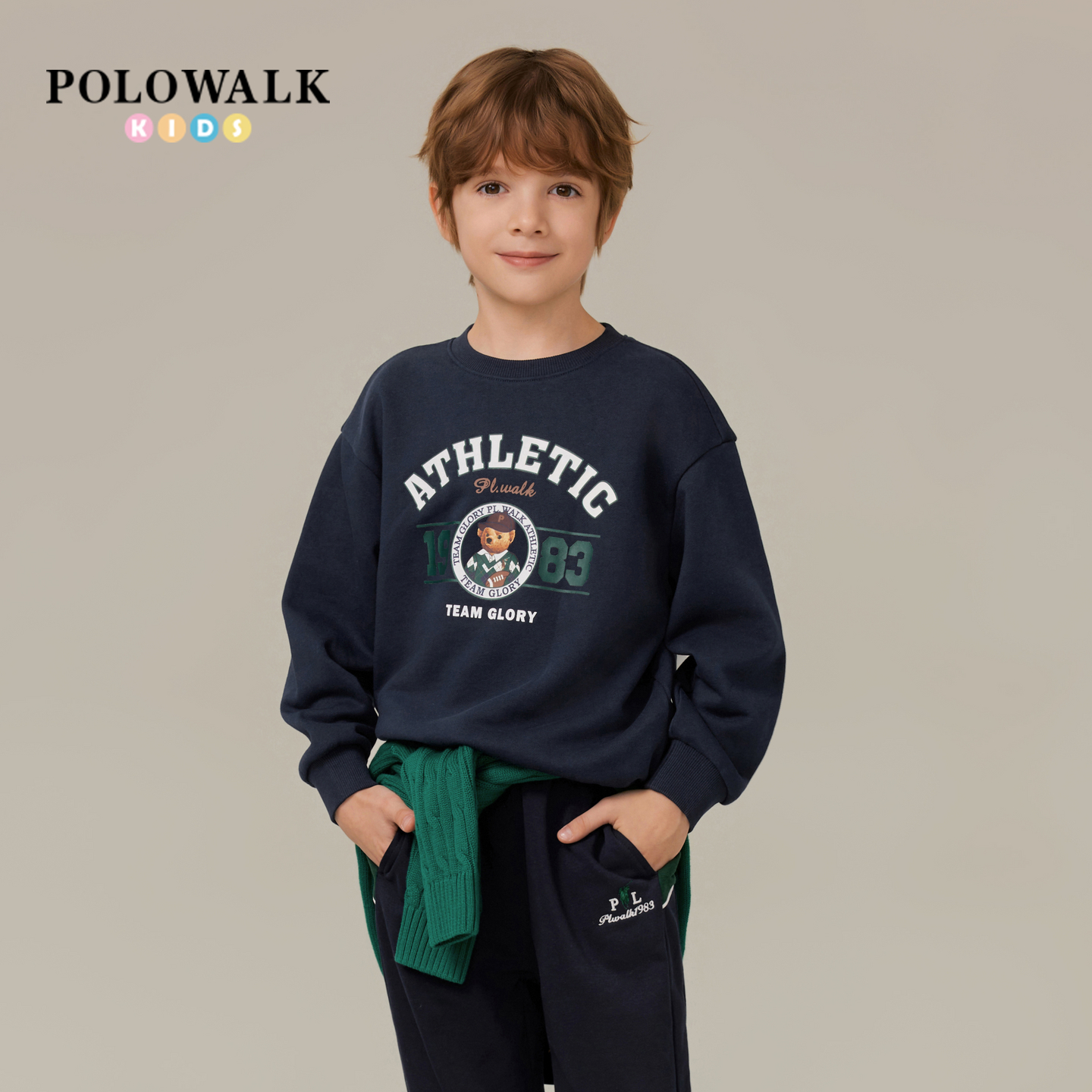 POLOWALK童装男童卫衣2025秋季新品时尚印花学院风圆领套头上衣