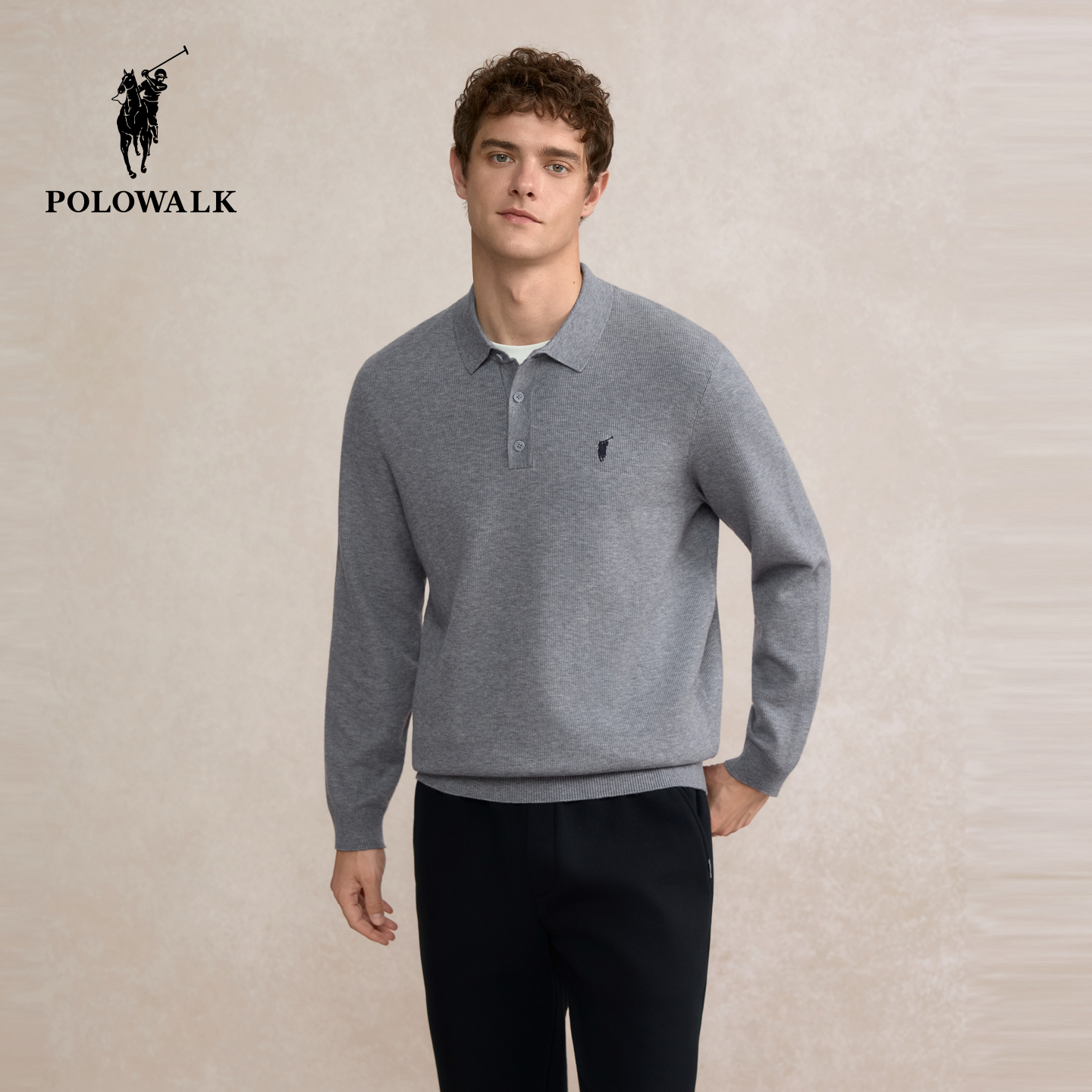 【含绵羊毛】POLOWALK男式针织衫2025秋季新品休闲翻领套头上衣男