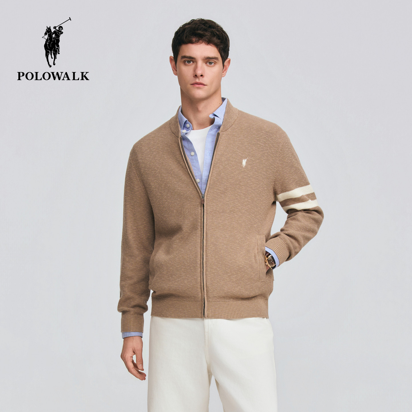 POLOWALK男式针织衫2026春季新品棒球领老钱风拉链针织开衫上衣