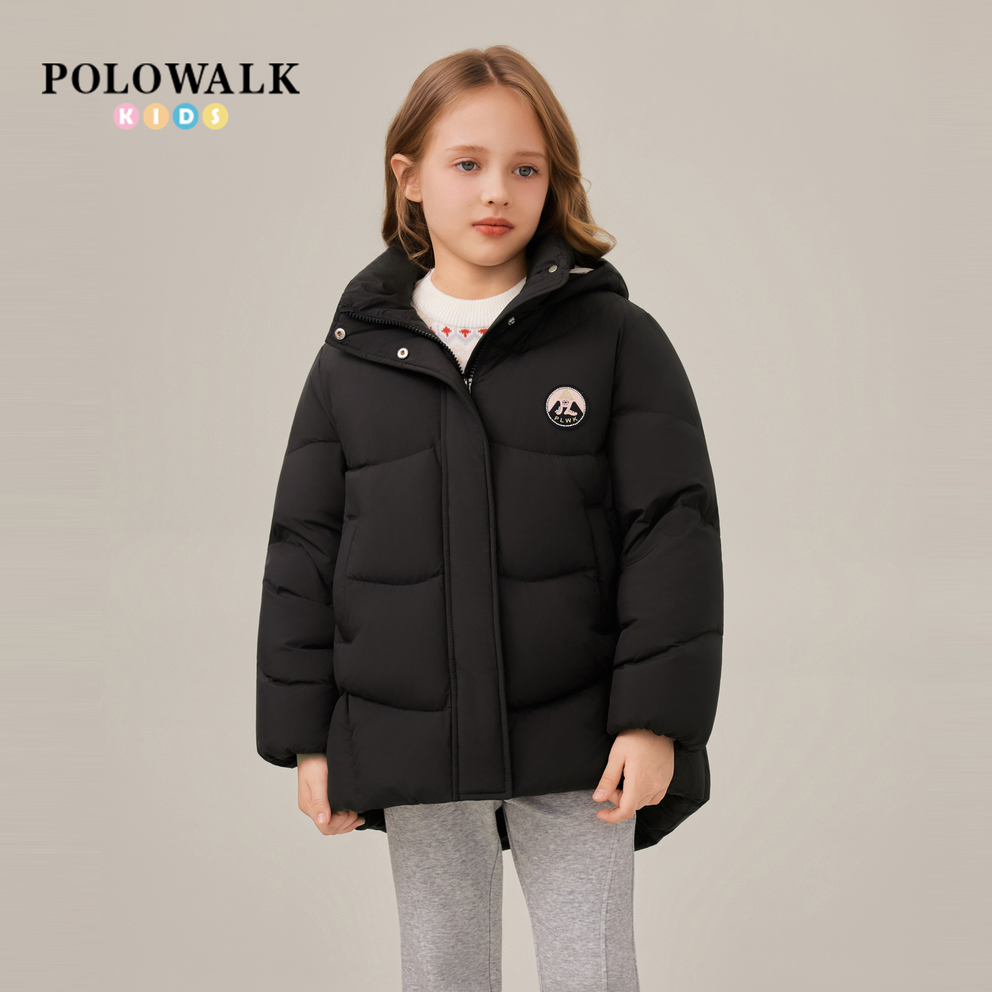 POLOWALK童装女童羽绒服2025冬季新品简系保暖90鸭绒连帽羽绒外套