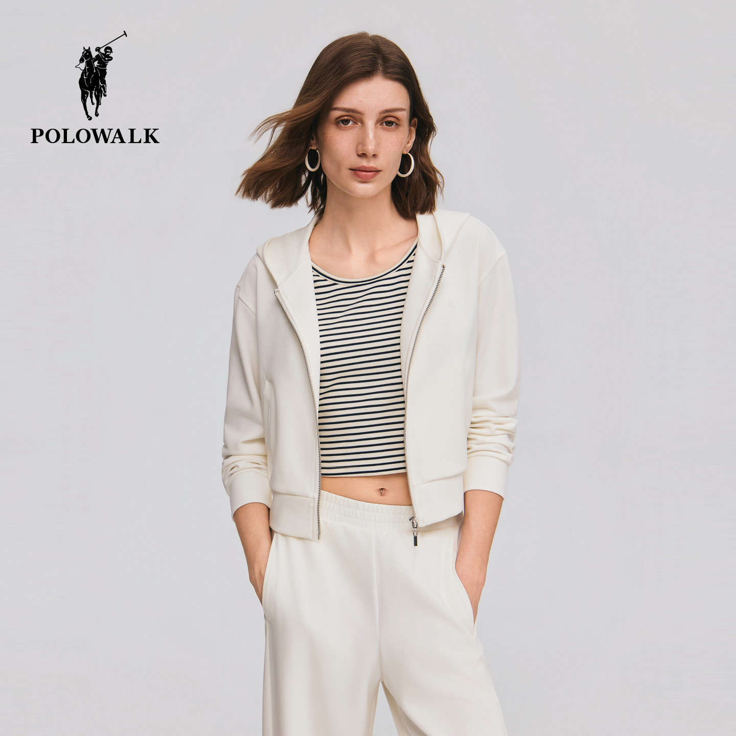POLOWALK女式卫衣2026春季新品简约百搭连帽休闲外套两件套上衣