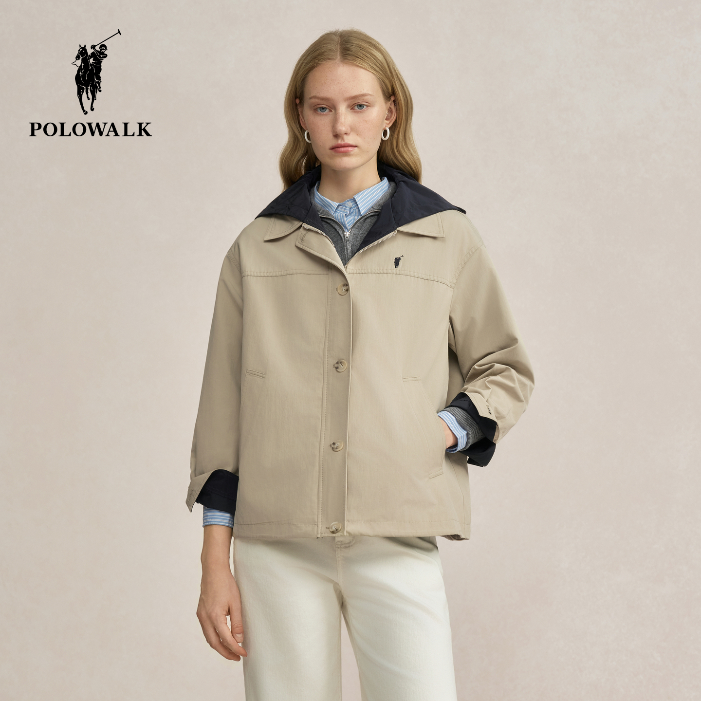 POLOWALK女式外套2025秋季新品简约百搭直筒通勤翻领连帽外套女