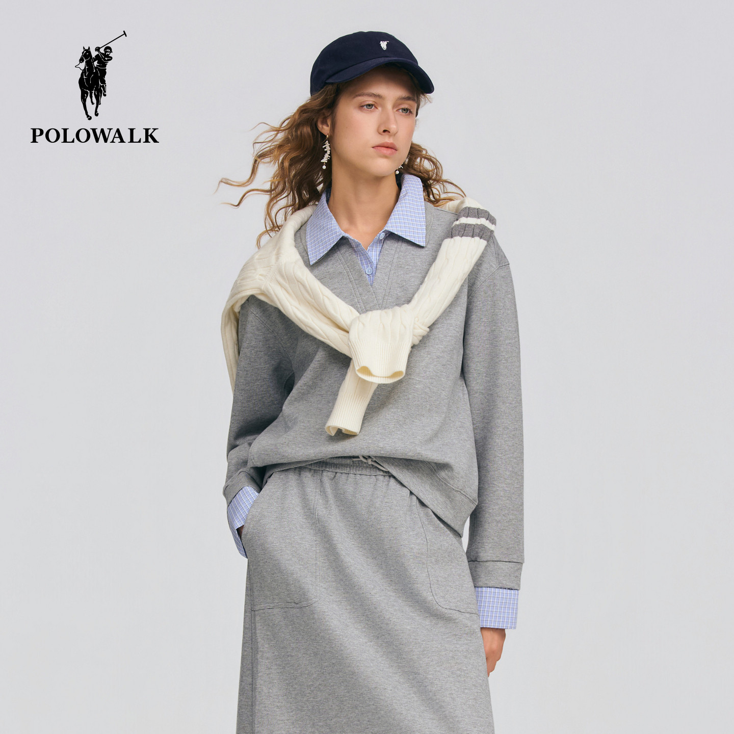 【套装】POLOWALK女式卫衣2026春季新品假两件休闲卫衣直筒半裙