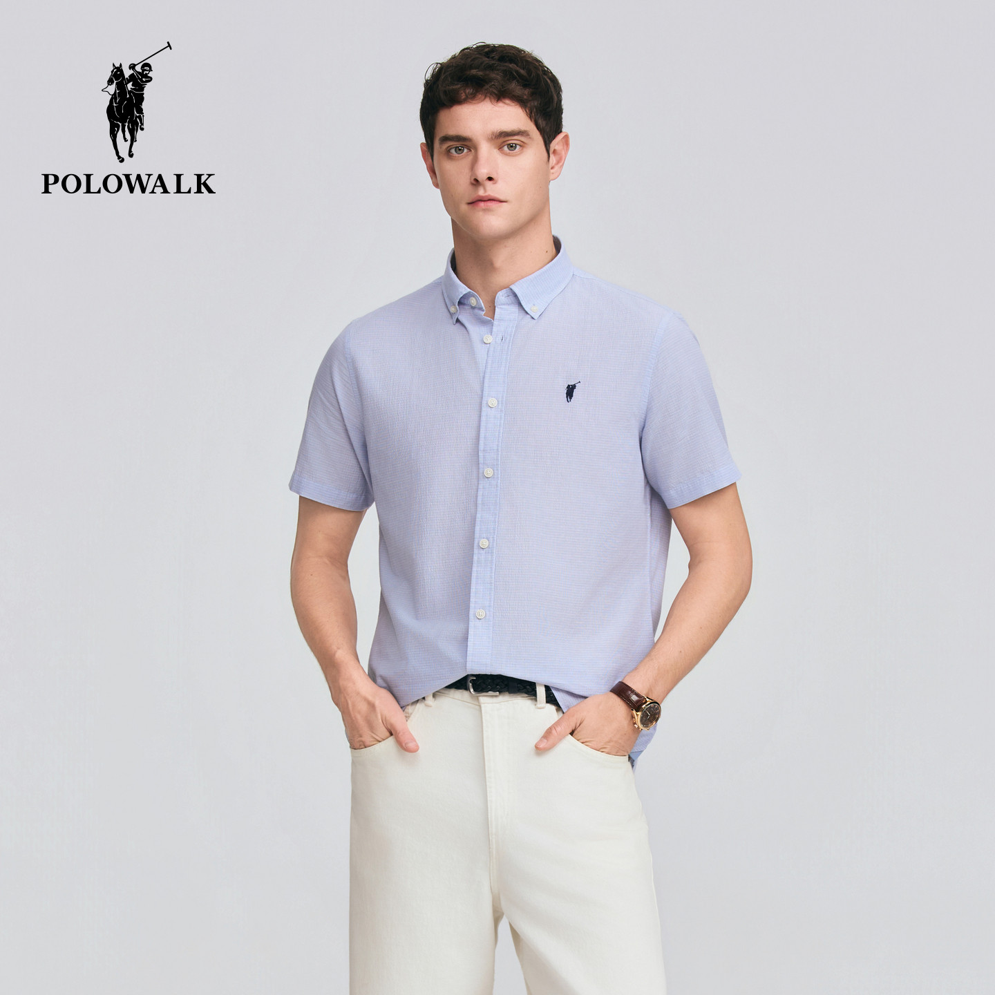 POLOWALK纽扣领格纹短袖衬衫图片