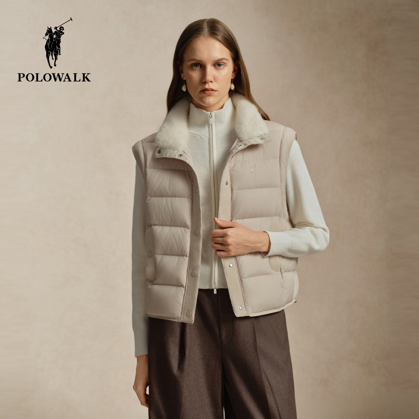 POLOWALK女式羽绒马夹2026冬季新品90鸭绒毛领立领厚款羽绒背心