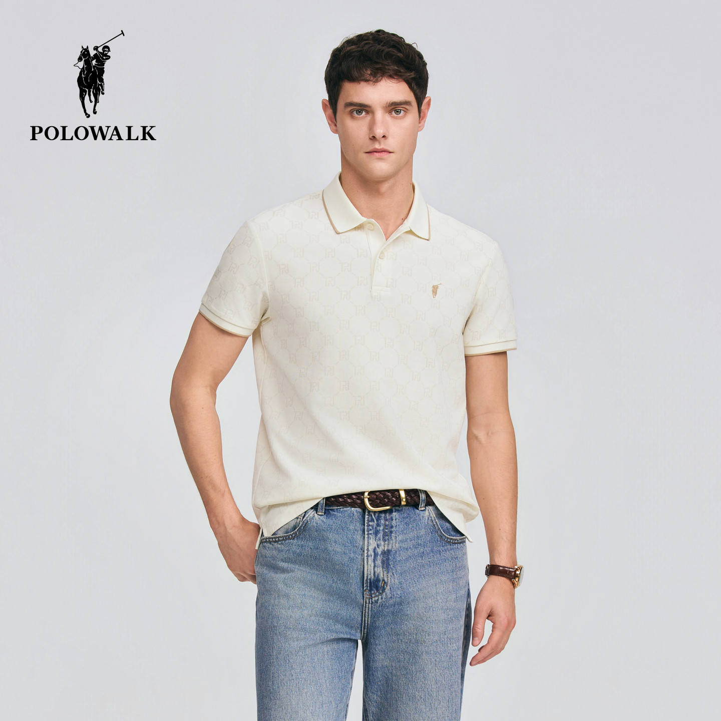 POLOWALK男式短袖POLO衫2026春季新品男装时尚满印老花短袖上衣
