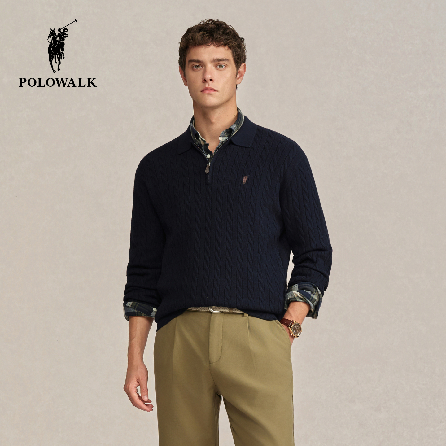 POLOWALK男式针织衫2025秋季新品翻领修身版绞花针织套头休闲上衣