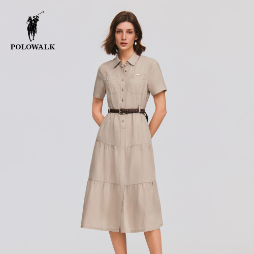 【含亚麻】POLOWALK女式短袖连衣裙2026夏季新品翻领梭织A字裙