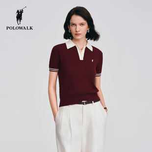 新品 POLOWALK女式 2026春季 针织衫 撞色翻领学院风绞花针织上衣 短袖