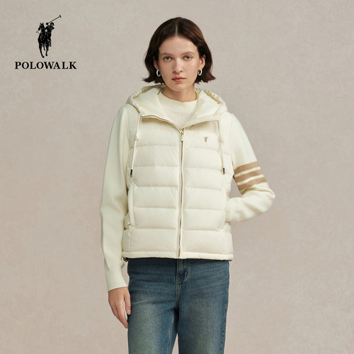 POLOWALK女式羽绒服2025冬季新品90鸭绒百搭拼接连帽外套