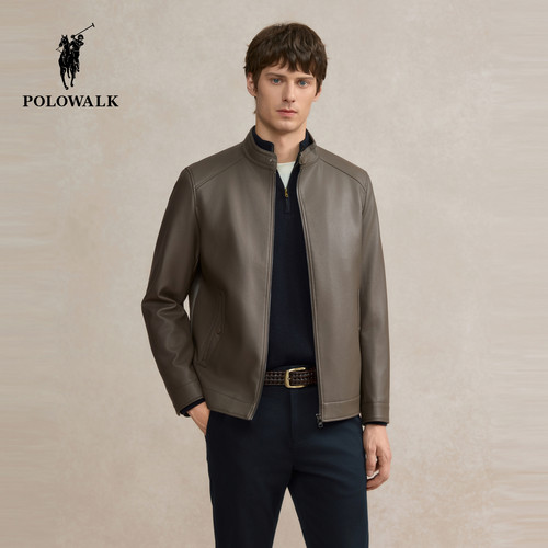 POLOWALK男装PU皮衣2025秋季新品简系商务通勤立领休闲外套男式
